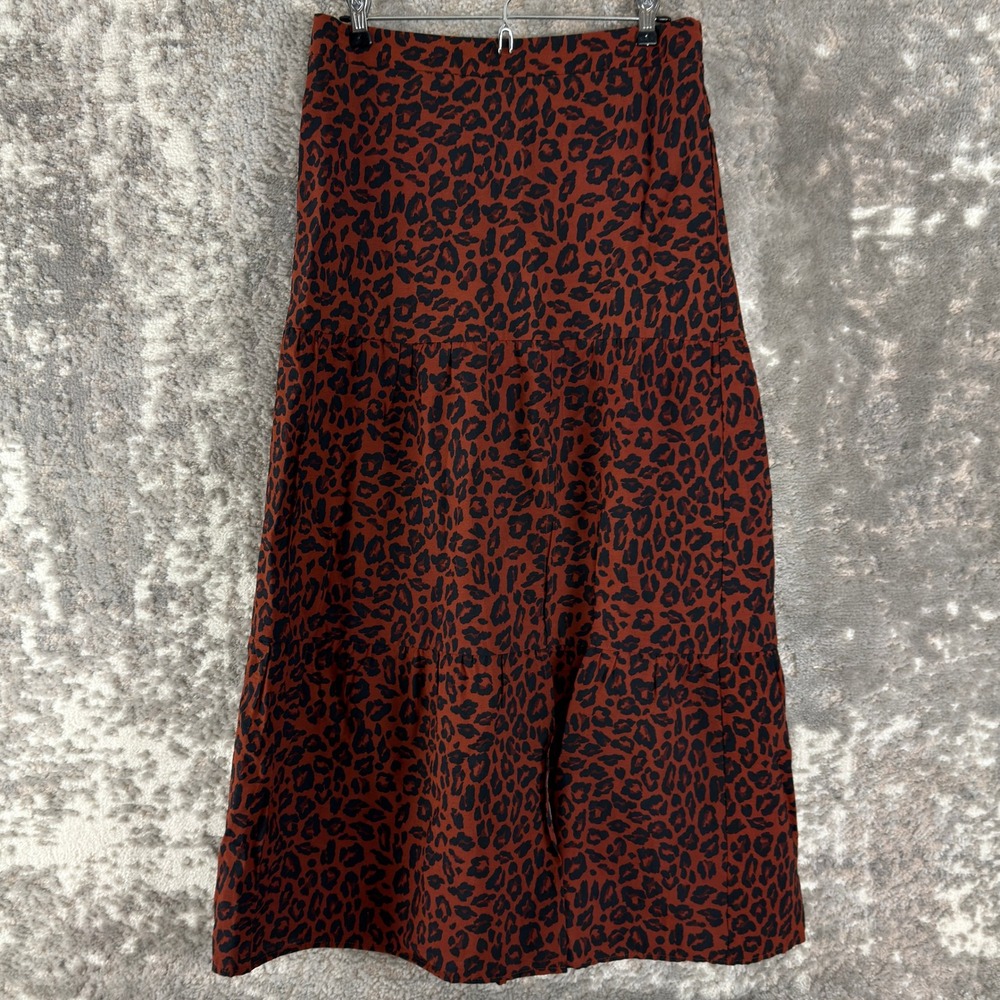 Nine West Size M Animal Print Tiered Maxi Skirt Brown Womens‎